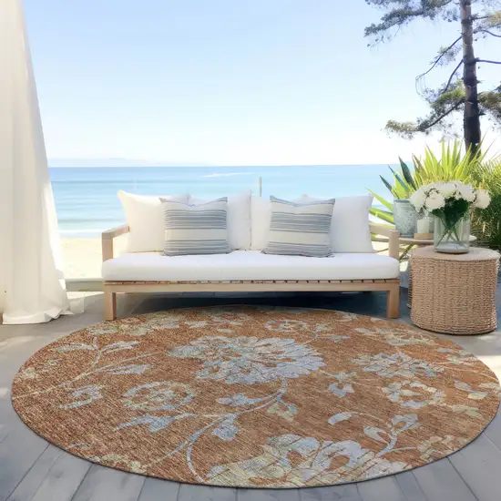 8' Orange Copper And Gray Round Floral Washable Indoor Outdoor Area Rug Photo 8