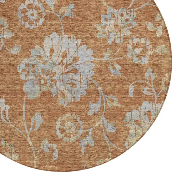 8' Orange Copper And Gray Round Floral Washable Indoor Outdoor Area Rug Photo 6