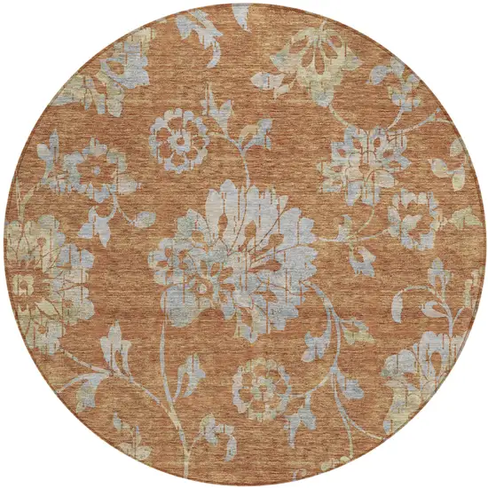 8' Orange Copper And Gray Round Floral Washable Indoor Outdoor Area Rug Photo 2