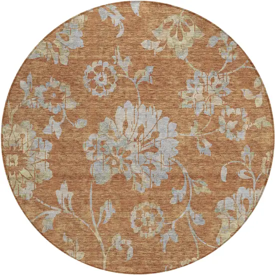 8' Orange Copper And Gray Round Floral Washable Indoor Outdoor Area Rug Photo 2