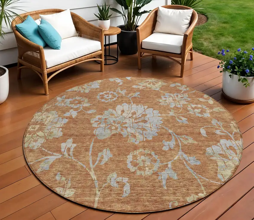 8' Orange Copper And Gray Round Floral Washable Indoor Outdoor Area Rug Photo 1