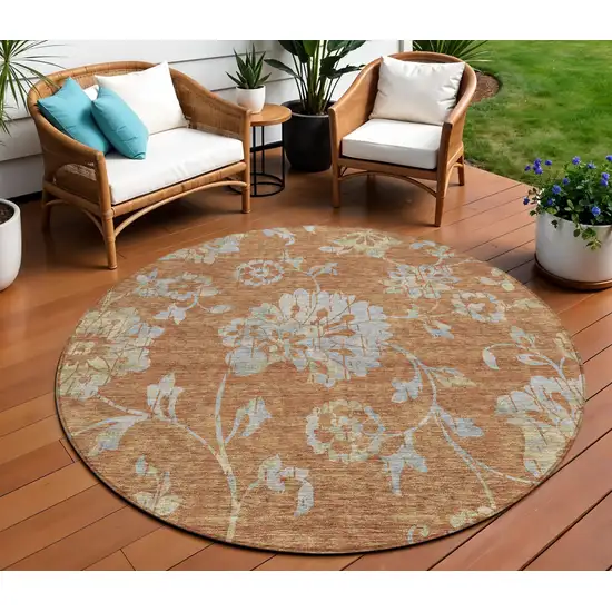 8' Orange Copper And Gray Round Floral Washable Indoor Outdoor Area Rug Photo 1