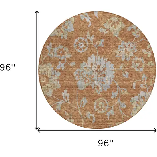 8' Orange Copper And Gray Round Floral Washable Indoor Outdoor Area Rug Photo 3