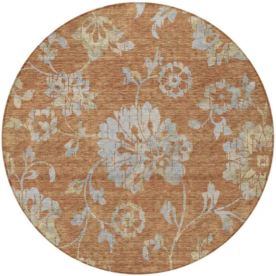 8' Orange Copper And Gray Round Floral Washable Indoor Outdoor Area Rug Photo 7
