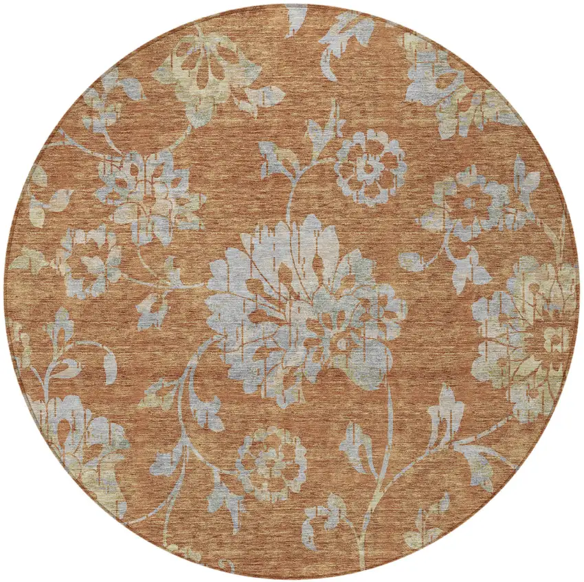 8' Orange Copper And Gray Round Floral Washable Indoor Outdoor Area Rug Photo 7