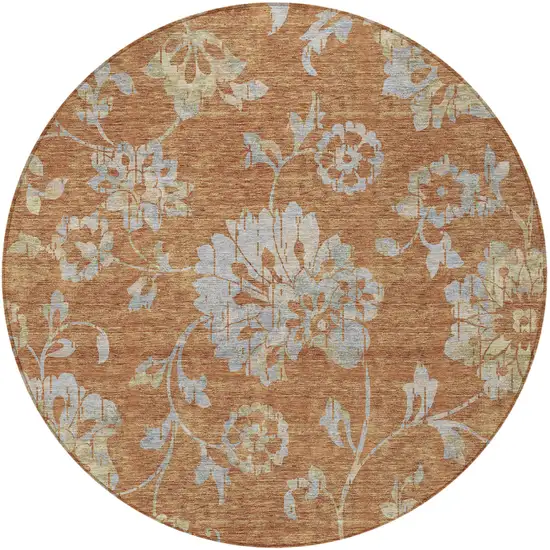 8' Orange Copper And Gray Round Floral Washable Indoor Outdoor Area Rug Photo 7
