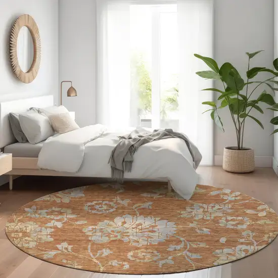 8' Orange Copper And Gray Round Floral Washable Indoor Outdoor Area Rug Photo 9