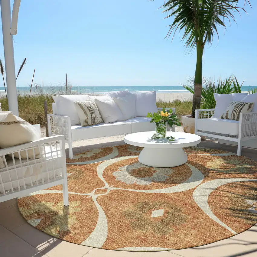 8' Orange Copper And Gray Round Medallion Washable Indoor Outdoor Area Rug Photo 7