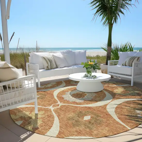 8' Orange Copper And Gray Round Medallion Washable Indoor Outdoor Area Rug Photo 7