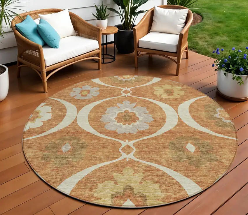 8' Orange Copper And Gray Round Medallion Washable Indoor Outdoor Area Rug Photo 1