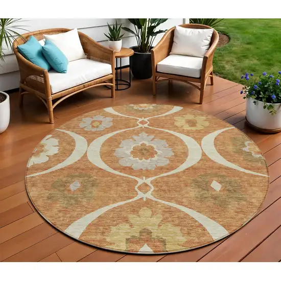 8' Orange Copper And Gray Round Medallion Washable Indoor Outdoor Area Rug Photo 1