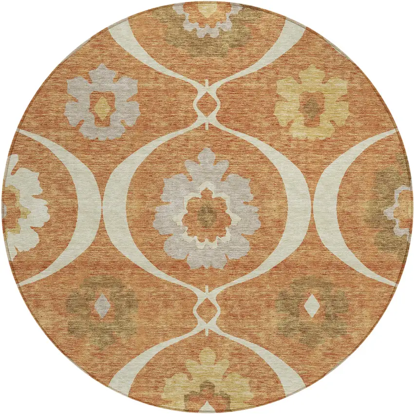 8' Orange Copper And Gray Round Medallion Washable Indoor Outdoor Area Rug Photo 2