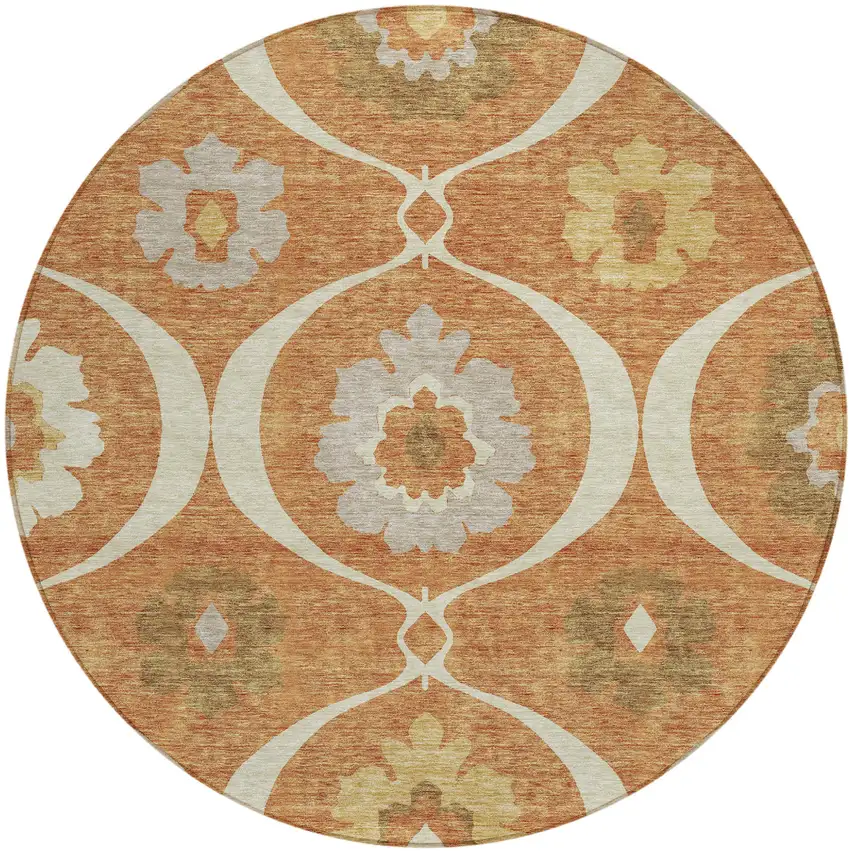 8' Orange Copper And Gray Round Medallion Washable Indoor Outdoor Area Rug Photo 2