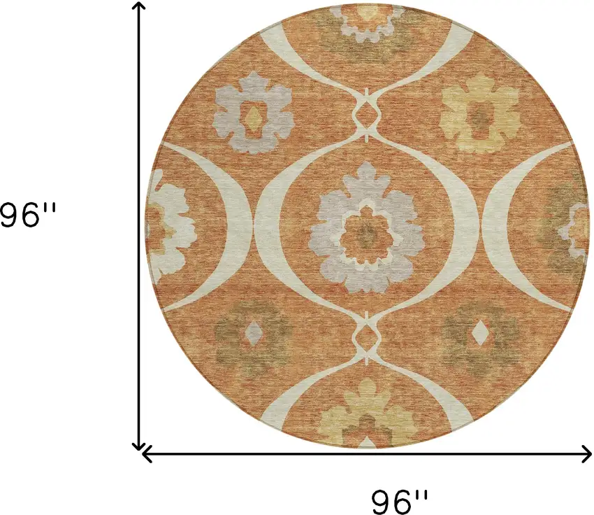 8' Orange Copper And Gray Round Medallion Washable Indoor Outdoor Area Rug Photo 3