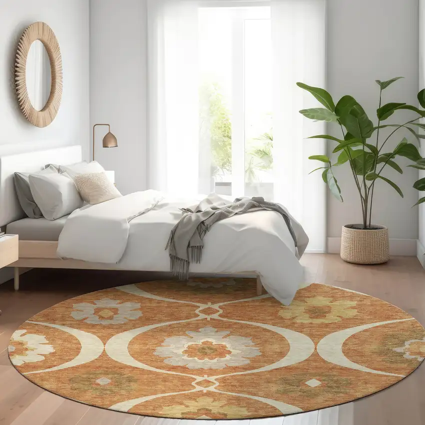 8' Orange Copper And Gray Round Medallion Washable Indoor Outdoor Area Rug Photo 8