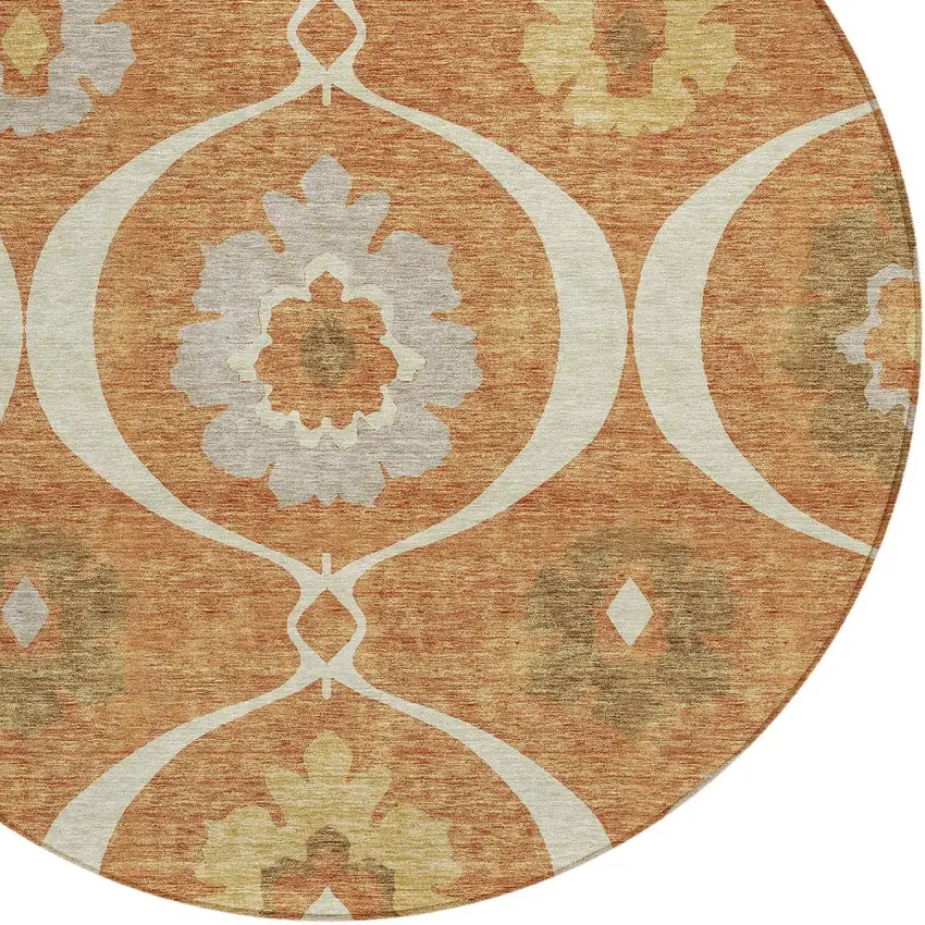 8' Orange Copper And Gray Round Medallion Washable Indoor Outdoor Area Rug Photo 4