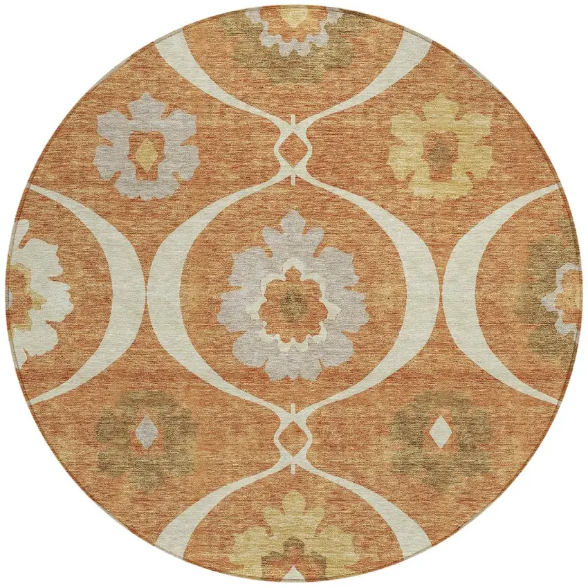 8' Orange Copper And Gray Round Medallion Washable Indoor Outdoor Area Rug Photo 6