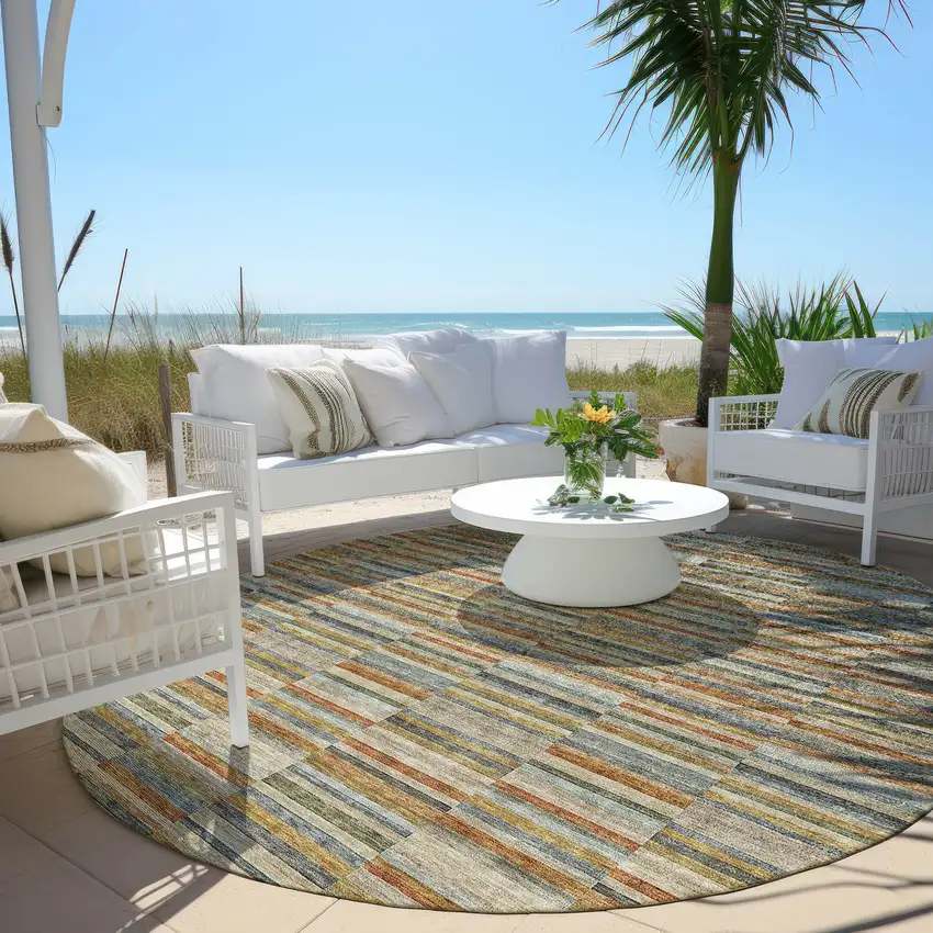 8' Orange Copper And Gray Round Striped Washable Indoor Outdoor Area Rug Photo 7
