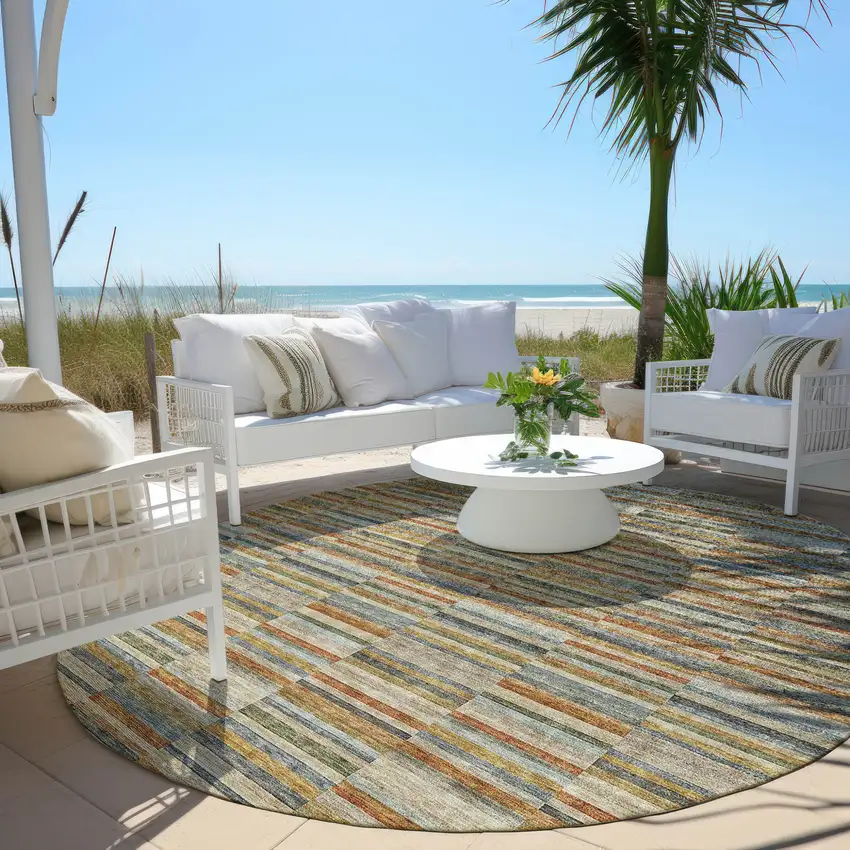 8' Orange Copper And Gray Round Striped Washable Indoor Outdoor Area Rug Photo 7