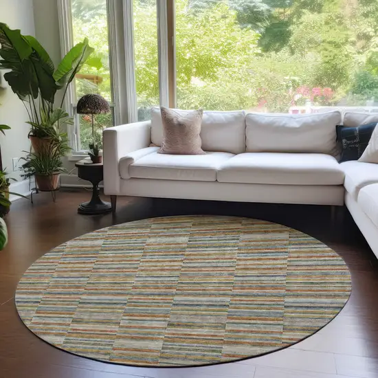 8' Orange Copper And Gray Round Striped Washable Indoor Outdoor Area Rug Photo 8