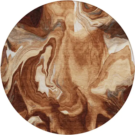 8' Orange Copper And Ivory Round Abstract Washable Indoor Outdoor Area Rug Photo 2