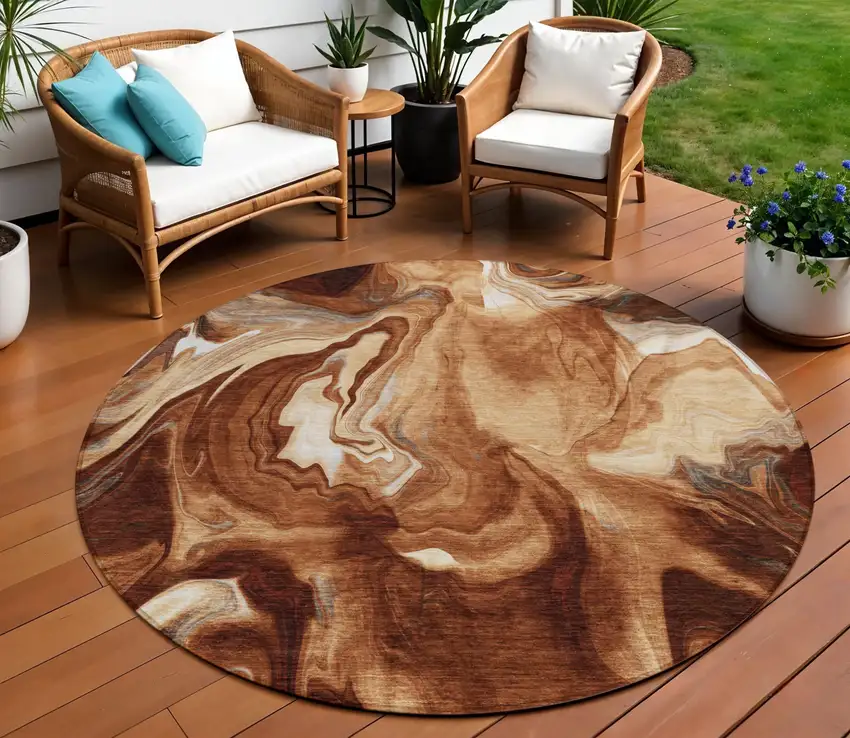 8' Orange Copper And Ivory Round Abstract Washable Indoor Outdoor Area Rug Photo 1