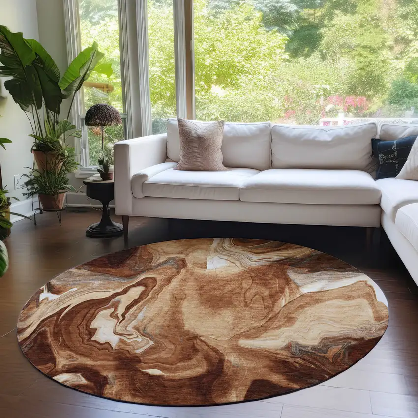 8' Orange Copper And Ivory Round Abstract Washable Indoor Outdoor Area Rug Photo 8