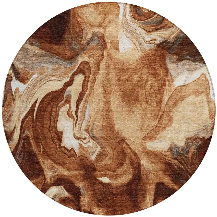 8' Orange Copper And Ivory Round Abstract Washable Indoor Outdoor Area Rug Photo 5