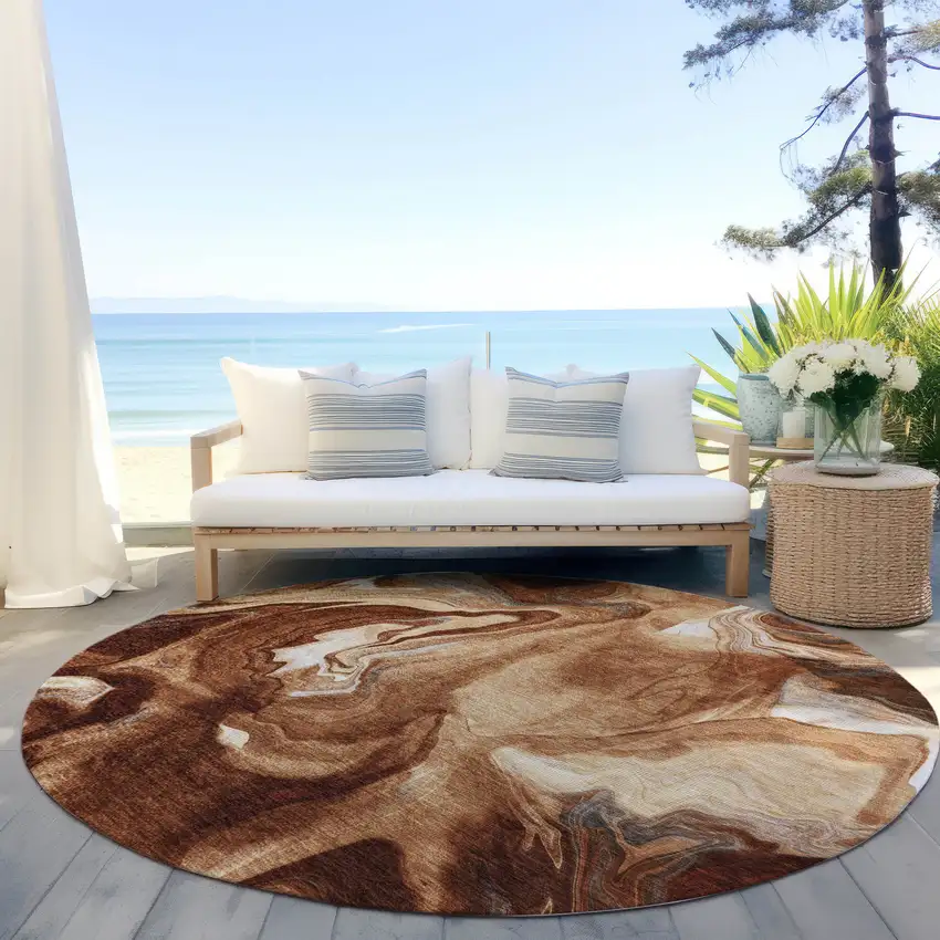 8' Orange Copper And Ivory Round Abstract Washable Indoor Outdoor Area Rug Photo 7