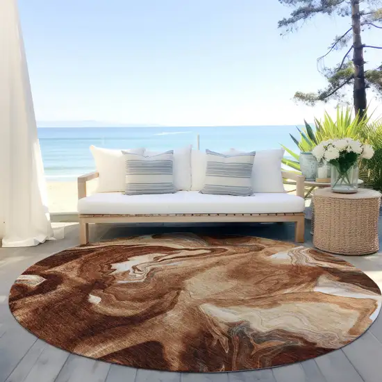 8' Orange Copper And Ivory Round Abstract Washable Indoor Outdoor Area Rug Photo 7