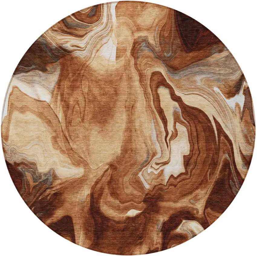 8' Orange Copper And Ivory Round Abstract Washable Indoor Outdoor Area Rug Photo 6