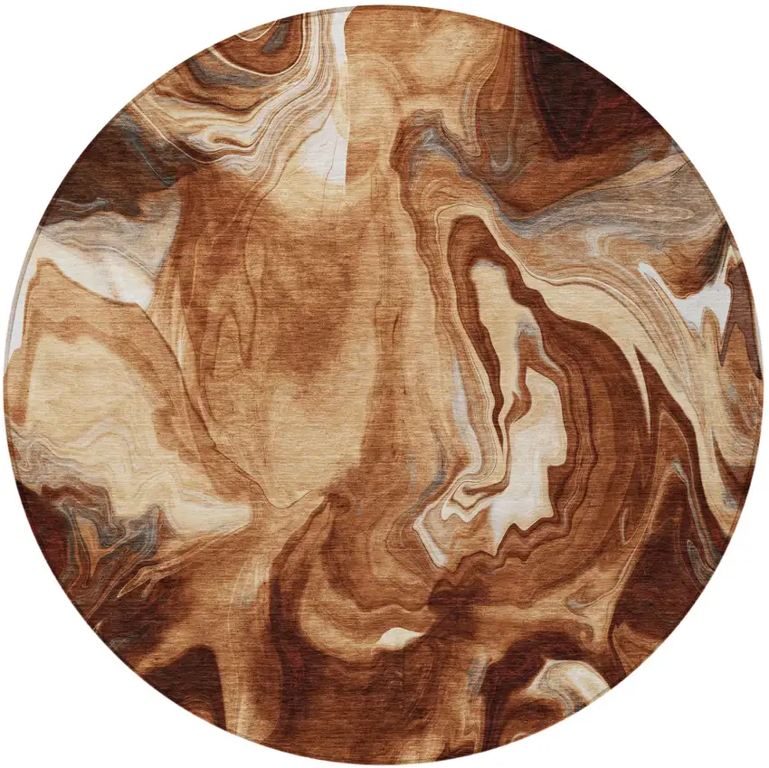 8' Orange Copper And Ivory Round Abstract Washable Indoor Outdoor Area Rug Photo 6