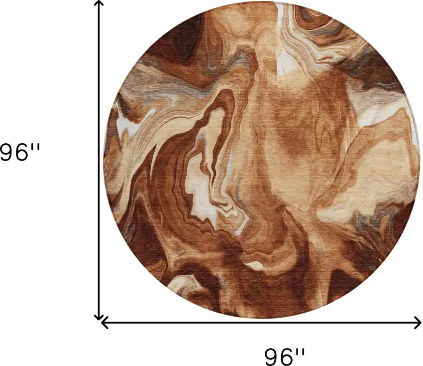 8' Orange Copper And Ivory Round Abstract Washable Indoor Outdoor Area Rug Photo 3
