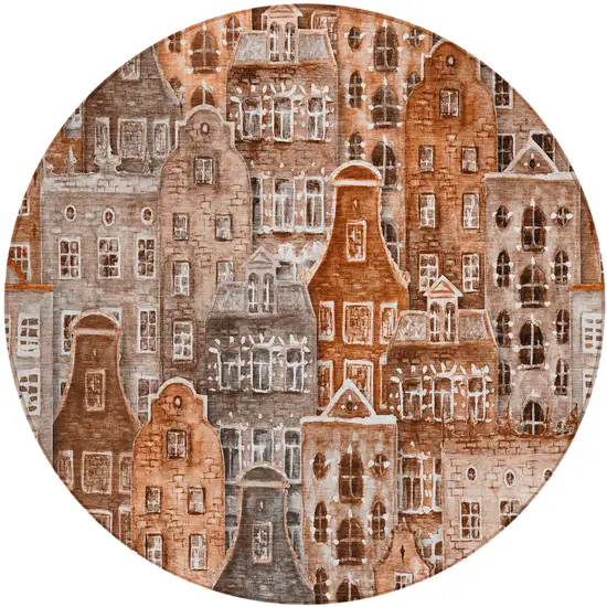 8' Orange Copper And Salmon Round Village Houses Washable Indoor Outdoor Area Rug Photo 2