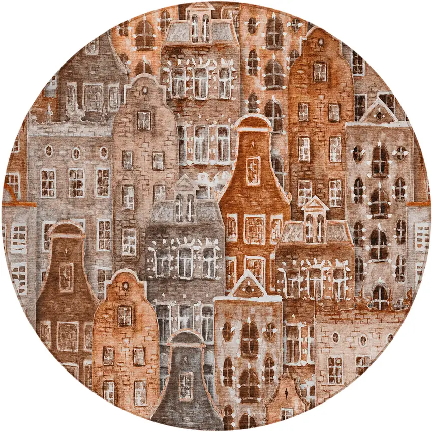 8' Orange Copper And Salmon Round Village Houses Washable Indoor Outdoor Area Rug Photo 2