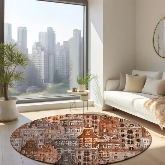 8' Orange Copper And Salmon Round Village Houses Washable Indoor Outdoor Area Rug Photo 7
