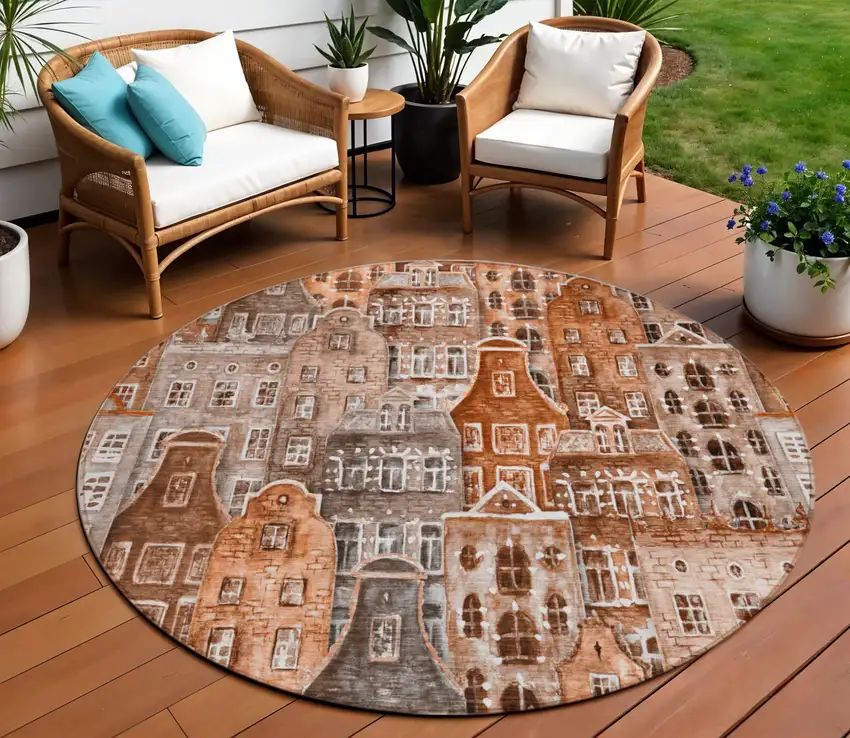 8' Orange Copper And Salmon Round Village Houses Washable Indoor Outdoor Area Rug Photo 1