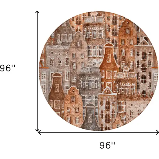 8' Orange Copper And Salmon Round Village Houses Washable Indoor Outdoor Area Rug Photo 3