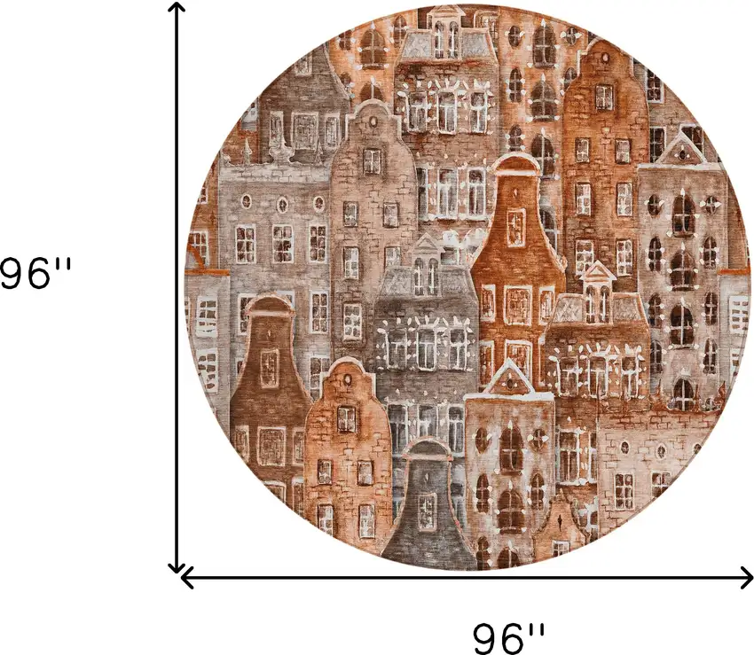 8' Orange Copper And Salmon Round Village Houses Washable Indoor Outdoor Area Rug Photo 3