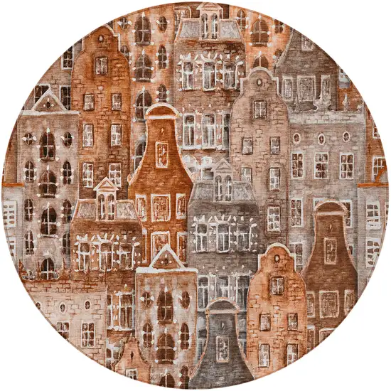 8' Orange Copper And Salmon Round Village Houses Washable Indoor Outdoor Area Rug Photo 5
