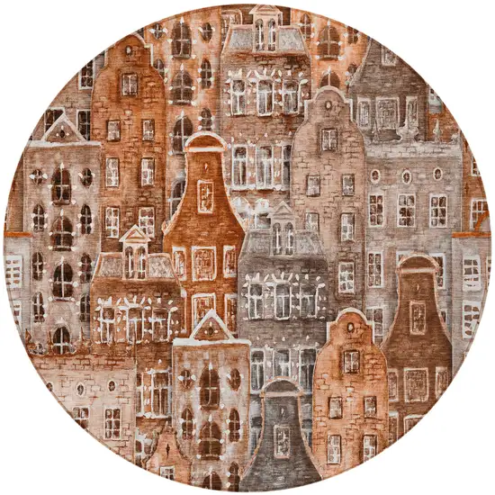 8' Orange Copper And Salmon Round Village Houses Washable Indoor Outdoor Area Rug Photo 5
