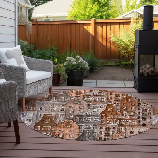 8' Orange Copper And Salmon Round Village Houses Washable Indoor Outdoor Area Rug Photo 6