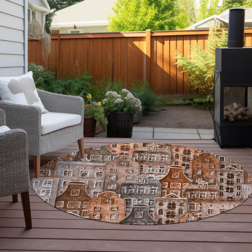 8' Orange Copper And Salmon Round Village Houses Washable Indoor Outdoor Area Rug Photo 6