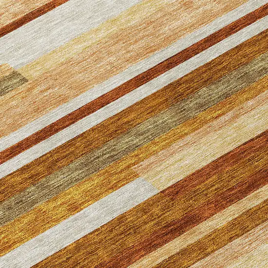 8' Orange Copper And Taupe Round Striped Washable Indoor Outdoor Area Rug Photo 9