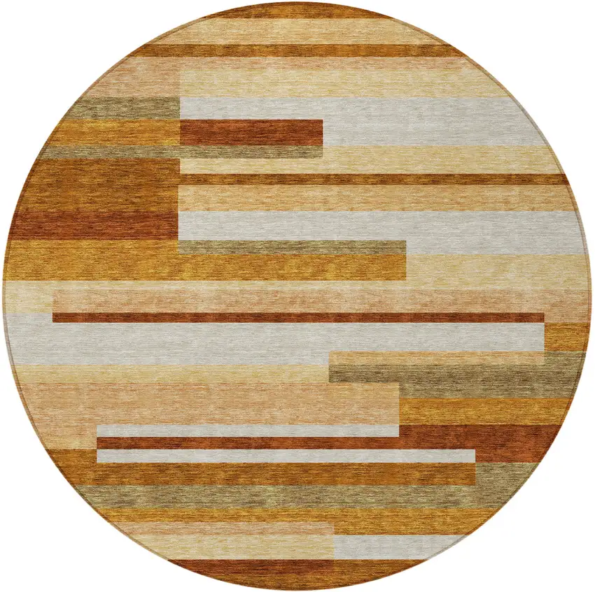 8' Orange Copper And Taupe Round Striped Washable Indoor Outdoor Area Rug Photo 5