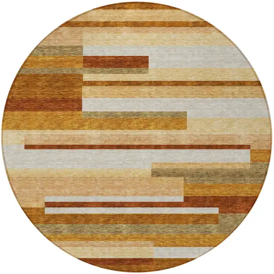 8' Orange Copper And Taupe Round Striped Washable Indoor Outdoor Area Rug Photo 5