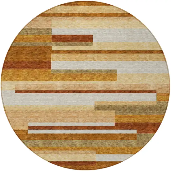 8' Orange Copper And Taupe Round Striped Washable Indoor Outdoor Area Rug Photo 5