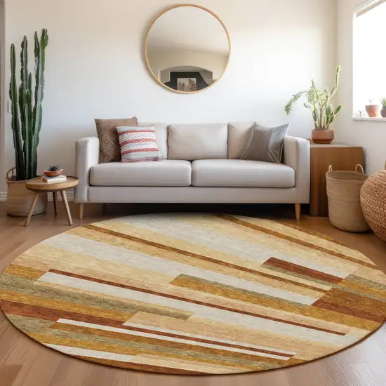 8' Orange Copper And Taupe Round Striped Washable Indoor Outdoor Area Rug Photo 7