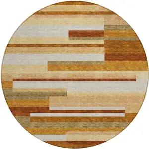 Photo of 8' Orange Copper And Taupe Round Striped Washable Indoor Outdoor Area Rug