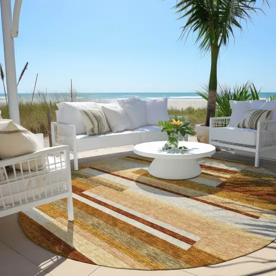 8' Orange Copper And Taupe Round Striped Washable Indoor Outdoor Area Rug Photo 6